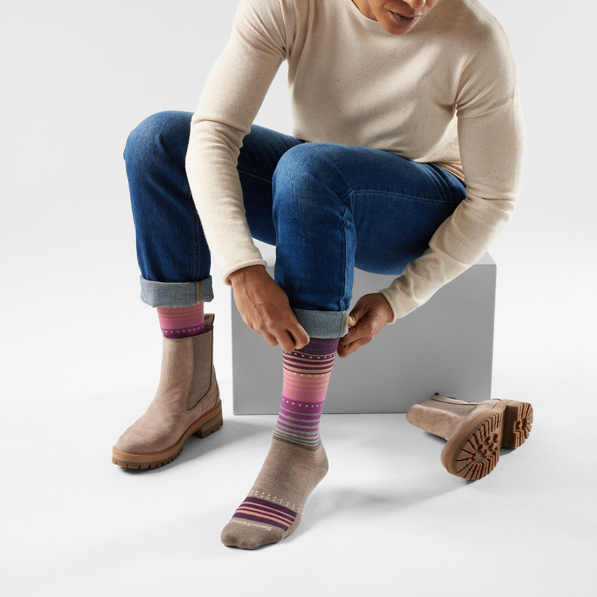 Women's Everyday Stitch Stripe Crew Socks Fossil-Purple - ver - 2