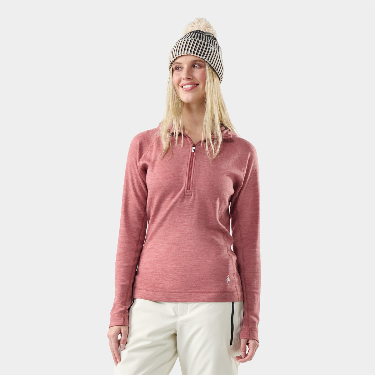 Women's Classic Thermal Merino Base Layer 1/2 Zip Hoodie Rosewood Heather - ver - 1