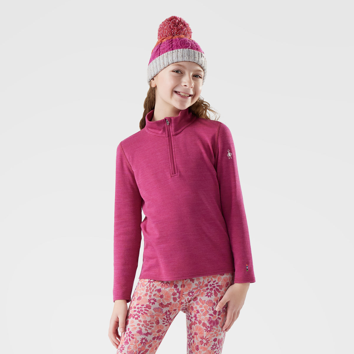 Kids' Classic Thermal Merino Base Layer 1/4 Zip Festive Fuchsia Heather - ver - 1